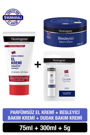 Norveç Formülü Besleyici Bakım Kremi 300 ml - Parfümsüz El Kremi 75 ml - Dudak Kremi PKTPRFSZKRMDKKRM - 1