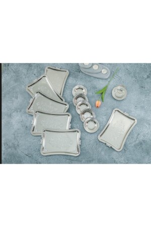 Nur 6-Tablett-Set, 6-teilig, einzelner Kaffee-Servierhalter, Metall-Bräutigam-Versprechen-Tablett, Silber, 6 Tabletts 2500 g - 9