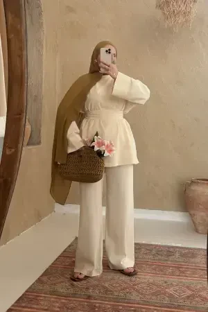 Nuu Bel Bağlamalı Keten Takım Vanilya - Nuuwears