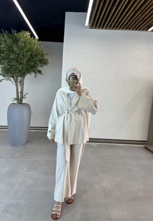 Olia İç Kemerli Keten Takım - Ekru - Duendeca