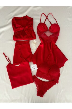 Omugole-Nachthemd-Morgenmantel-Pyjama-Mitgift-Set mit roter Satin-Rückseite - 1