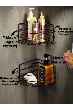 Ömür Boyu Paslanmaz Yapışkanlı Banyo Köşeliği Düzenleyici Şampuanlık Duş Rafı 2 Adet Siyah Tk-01 LAISYHOME-038 - 3