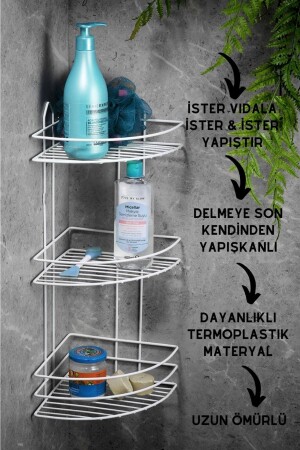 Ömür Boyu Paslanmaz Yapışkanlı Banyo Köşeliği Düzenleyici Şampuanlık Duş Rafı Beyaz Ek-03 - 3