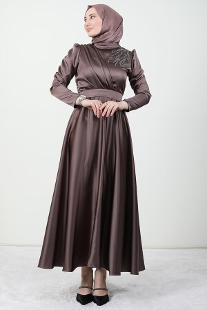 Omzu Taşlı Saten Abiye Koyu Vizon - Giza Giyim