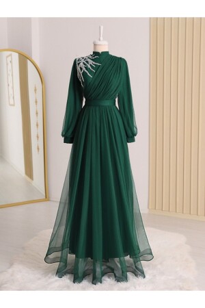 Önü Taş Detaylı Drapeli Kemerli Tül Abiye - Modamorfo