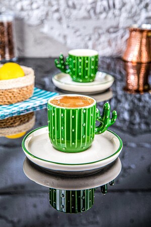 Opuntia Kaktüs El Yapımı 110 Ml Türk Kahvesi, Espresso Fincanı Yeşil 2 Adet, Hediyelik 2 Li Fincan TSK-KAKTUS - 1