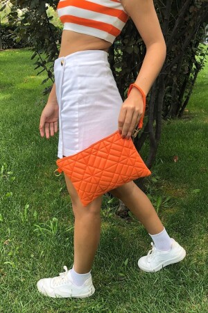 Orangefarbene, geometrisch gemusterte Portfolio-Clutch-Handtasche für Damen - 3