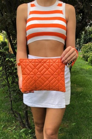 Orangefarbene, geometrisch gemusterte Portfolio-Clutch-Handtasche für Damen - 4