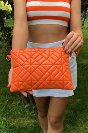 Orangefarbene, geometrisch gemusterte Portfolio-Clutch-Handtasche für Damen - 5