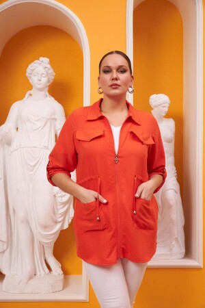 Orangefarbene Plus-Size-Jacke mit Reißverschluss und Bindedetail an der Taille - Rmg