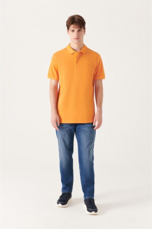 Orangefarbenes Herren-T-Shirt aus 100 % Baumwolle mit normaler Passform und Polokragen E001004 - 1