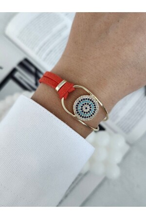 Orangefarbenes Lederarmband mit Evil-Eye-Perle M1838 - 2