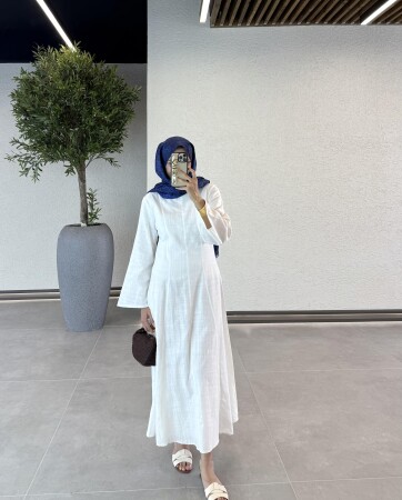 Örgü Kemerli Keten Elbise - Beyaz - Duendeca