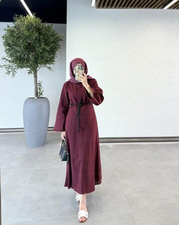 Örgü Kemerli Keten Elbise - Bordo - Duendeca