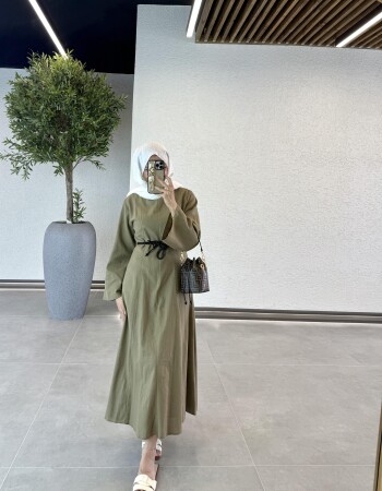 Örgü Kemerli Keten Elbise - Haki - Duendeca