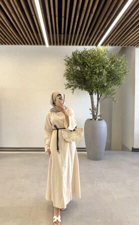 Örgü Kemerli Keten Elbise - Taş - Duendeca