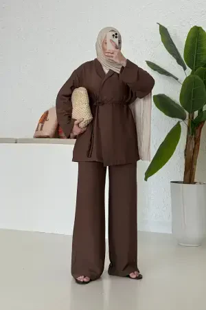 Örgü Kemerli Keten Takım Kahve - Nuuwears