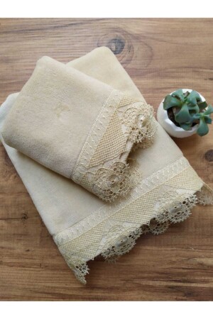 Ottoman Needle besticktes 2-teiliges Cappuccino-Samthandtuch-Set 50&90/30&50 - Çeyiz Bahçesi