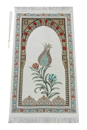 Ottoman-Gürtel, Mihrab, Tulpenmotiv, Chenille-Gebetsteppich, Weiß - 2