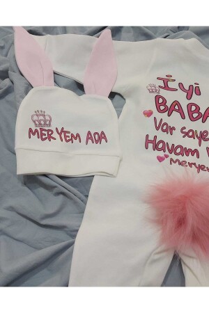 Overall mit Kaninchen namens Meryem Ada, weiß-rosafarbener Baby-Overall mit spezieller Aufschrift für den Vater 2354980897978876 - 4