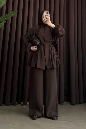 Oversize Kemerli Nervür Takım Kahve - Nuuwears