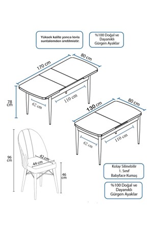 Ovo Aytaşı 80x130 cm ausziehbarer Esstisch – Tischstuhl-Set für 6 Personen – Grau - 8