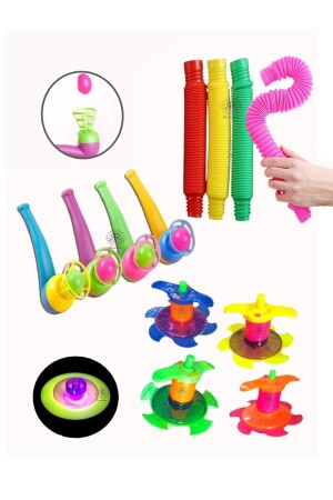 Oyuncak 3'lü Set Top Üfleme Kurmalı Işıklı Topaç Ve Pop Tubes HYD-6199706-7703 - 1