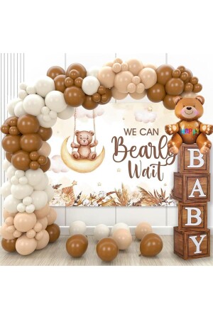 Oyuncak Ayı Temalı Baby Shower Set; Ahşap Görünümlü Baby Kutu Ve Retro Balon Zincir Set - 1