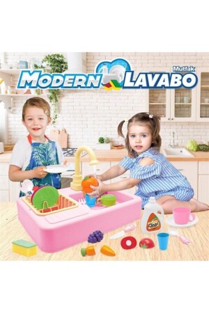 Oyuncak Modern Lavabo Mutfak Pilli Gerçek Su Akan Lavabo Seti - 3