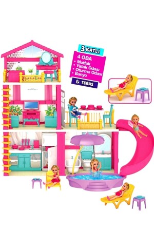 Oyunminyatür Ev 3 Katlı 4 Odalı Tatil Evi Kaydıraklı Teraslı Oyun Evi Tüm Aksesuarlar Dahildir Lola - Saze