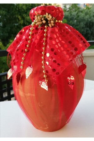 Özel Dekoratif Kırmızı Tüllü Süslü Kına Testisi - Aker Hediyelik