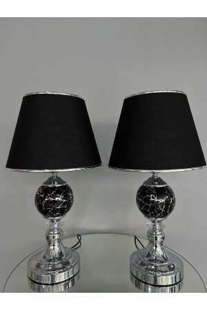 Özel Seramik Siyah Şapkalı Gümüş İkili Modern Salon Yatak Odası Abajur Masa Lambası Set 2li - 1
