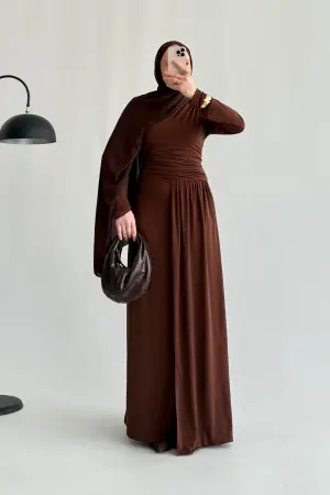 Özel Seri Parçalı Drape Elbise Kahve - Nuuwears