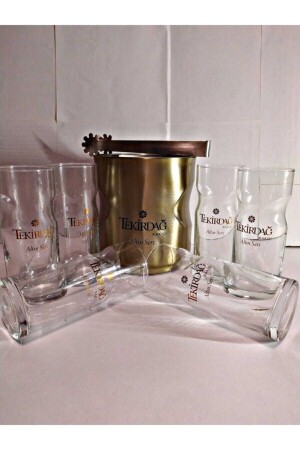 MNZ-تصميم خاص سلسلة الذهب Raki Glass (6 قطع) + Gold Series Steel Ice Bucket Set لوتس Glass Altınset - Paşabahçe