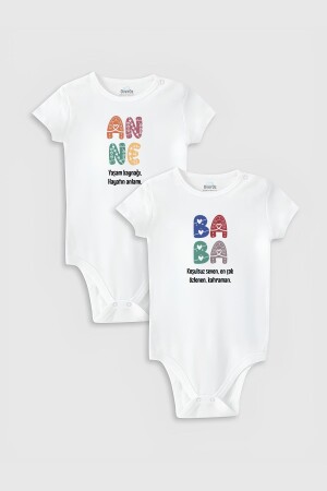 Özel Tasarım Anne Baba-2 Ikili Bebek Body Beyaz Badi Zıbın 5179-5180 - 1