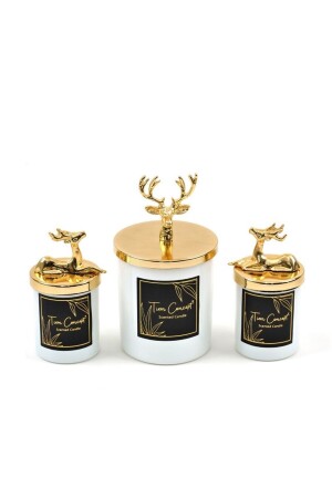 Özel Tasarım Dekoratif Gold Geyikli Vanilya Kokulu Beyaz Bardak Mum 3'lü Set 202026 - 7