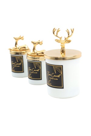 Özel Tasarım Dekoratif Gold Geyikli Vanilya Kokulu Beyaz Bardak Mum 3'lü Set 202026 - 8