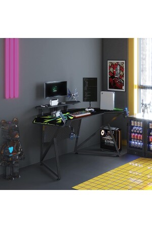 Özel Tasarım Kanatlı Oyuncu Masası 160 Cm Rgb Işıklı Mouse Pad Bardaklık Ve Kulaklık Tutucu - 5