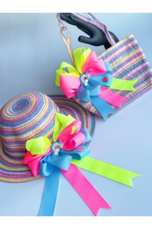 Özel Tasarım Lüks Kız Çocuk Hasır Şapka Plaj Çanta Takım Set Neon Renkli Gökkuşağı Pembe Sarı Mavi - 1