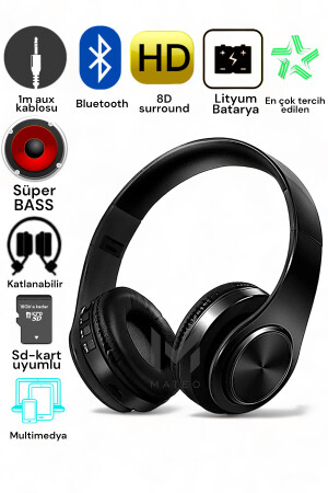 P68 Bluetooth Kablosuz Stereo Kulaklık Wireless, Aux Kablolu MP68 - 1