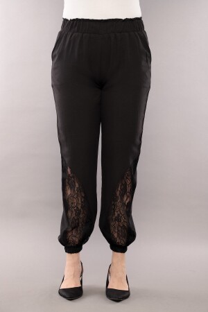 Paça Güpür Işlemeli Beli Lastikli Büyük Beden Siyah Pantolon - 1