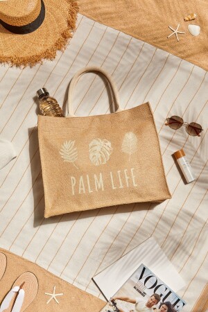 Palm Life Baskılı Hasır Renkli Naturel Jüt Alışveriş, Omuz, Kol, Deniz Plaj Çantası 42x12x35 OCH.BBG.V059 - 1