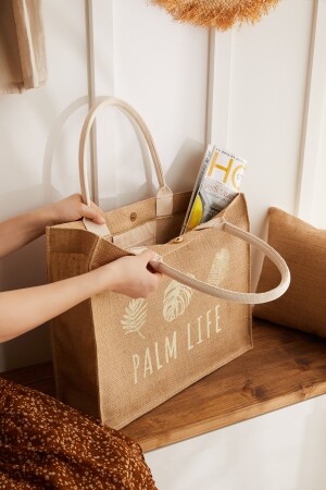 Palm Life Baskılı Hasır Renkli Naturel Jüt Alışveriş, Omuz, Kol, Deniz Plaj Çantası 42x12x35 OCH.BBG.V059 - 3