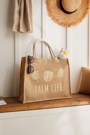 Palm Life Baskılı Hasır Renkli Naturel Jüt Alışveriş, Omuz, Kol, Deniz Plaj Çantası 42x12x35 OCH.BBG.V059 - 4