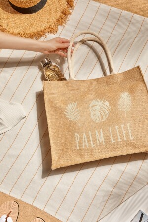 Palm Life Baskılı Hasır Renkli Naturel Jüt Alışveriş, Omuz, Kol, Deniz Plaj Çantası 42x12x35 OCH.BBG.V059 - 5