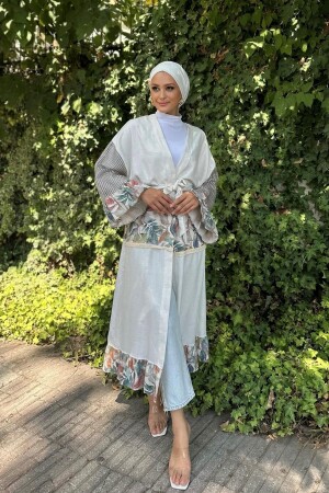 Palmen-Kimono mit Netzdetail WEISS - 2