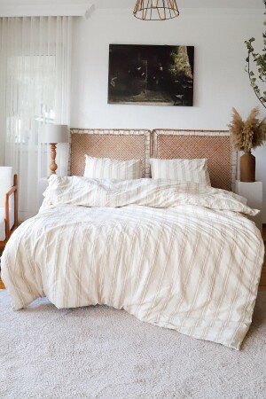 Pamuk Yıkamalı Çift Kişilik Nevresim Takımı, Ütü Istemeyen Iplik Boyalı Kahve Çizgili ÇNVR - vivamaison