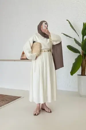 Pamuklu Sık Pile Crop Takım Vanilya - Nuuwears