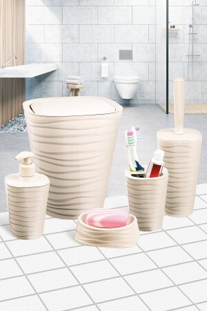 Pandora Badezimmer-Set, 5-teilig, beige, 5-teilig, Mülleimer, Toilettenbürste, 2 Seifenschalen, Zahnbürstenhalter - 1