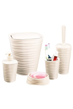 Pandora Badezimmer-Set, 5-teilig, beige, 5-teilig, Mülleimer, Toilettenbürste, 2 Seifenschalen, Zahnbürstenhalter - 5